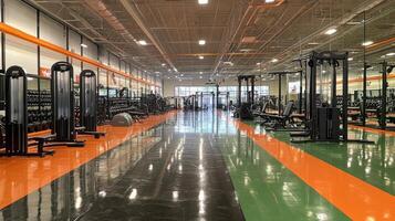 Fitness center with various workout equipment and wooden flooring during daylight hours photo