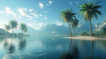 Tropical island with palm trees and mountains photo