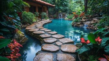Serene pathway through lush greenery beside tranquil waterway in a tropical setting photo