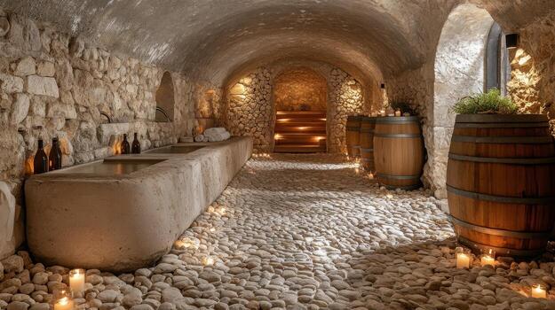 Wine cellar with stone walls and warm lighting showcasing various bottles and decor photo