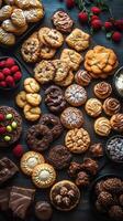 Assorted homemade cookies arranged on a table with various textures and flavors displayed photo