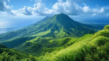 Lush green mountains under dramatic clouds with clear blue sky during midday photo