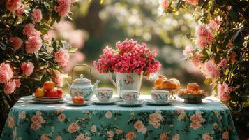 Enjoying tea in a serene garden setting surrounded by vibrant flowers and lush greenery photo