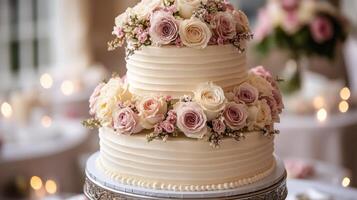 A three tiered cake with pink roses on top photo
