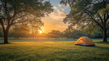 A tent is set up in the middle of a field at sunset photo