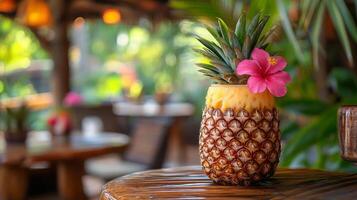 A pineapple sitting on a wooden table with a flower in it photo