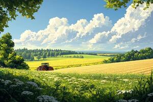 A painting of a tractor driving through a field photo