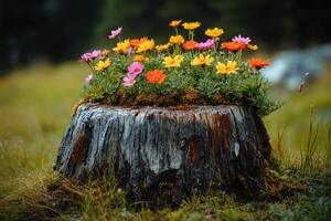 A flower pot sitting on top of a stump photo