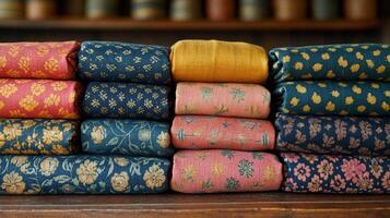 A stack of colorful fabric on a wooden table photo