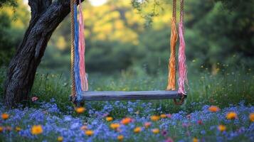 A swing is sitting in a field of flowers photo