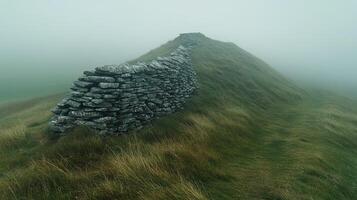 A stone wall on a hill in the fog photo
