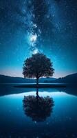 Tree reflection in the lake at night with stars photo