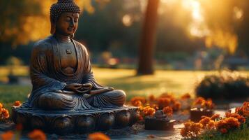 Buddha statue in the garden at sunset photo