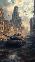 A tank in the middle of a destroyed city photo