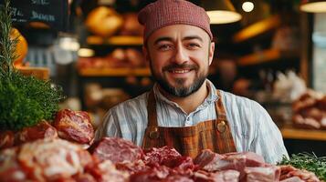 A smiling man standing in front of meat photo