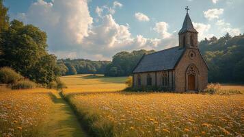 A church in a field with wild flowers photo