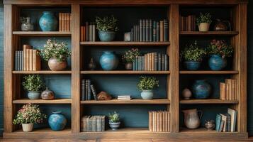 A bookcase with books and plants on it photo