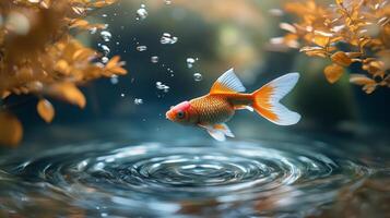 Golden fish swimming gracefully in a tranquil pond surrounded by autumn foliage photo