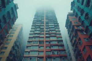 A tall building in the fog photo