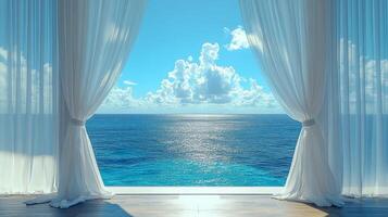 A room with white curtains and a view of the ocean photo