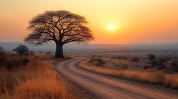 Majestic tree silhouetted against vibrant sunset in open landscape photo