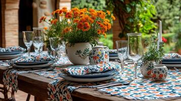 A table set with blue and orange floral patterned place settings photo
