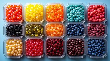 A variety of colorful jelly beans in plastic containers photo