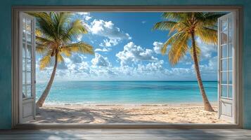 A view of the beach from an open window photo