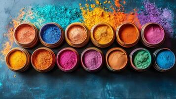 Colorful powders in jars on a dark background photo