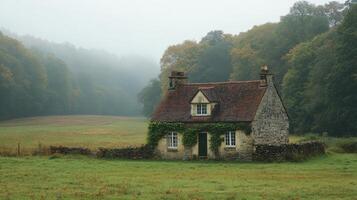 A small house in the middle of a field photo