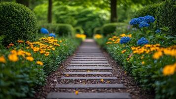 Pathway in a garden with flowers and bushes photo