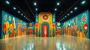 A large room with colorful paintings on the walls photo