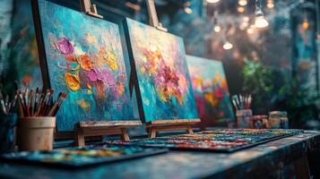 Artists painting on easels in an art studio photo
