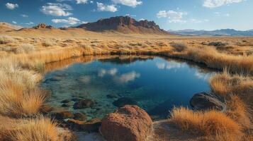 A small pool in the middle of a dry desert photo