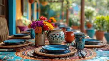 A table set with colorful plates and vases photo