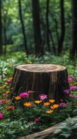 A tree stump surrounded by flowers in a forest photo