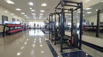A gym with weights and mirrors in the middle of the room photo