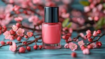 A pink nail polish bottle with flowers on a blue background photo