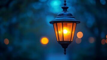 A street light is lit up in the dark photo