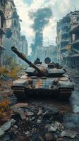 A tank in the middle of a destroyed city photo
