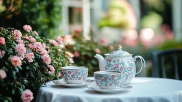 A table with two cups and a teapot on it photo