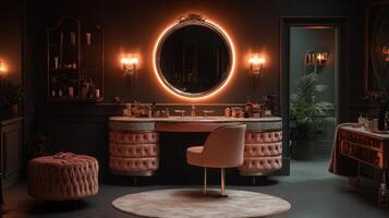 A bathroom with a vanity, mirror and pink chair photo