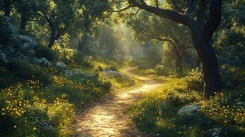 A path through a forest with trees and flowers photo