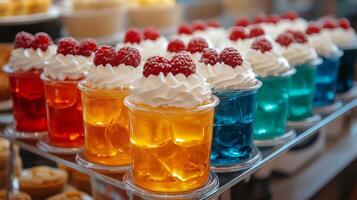 Colorful drinks are displayed on a shelf photo