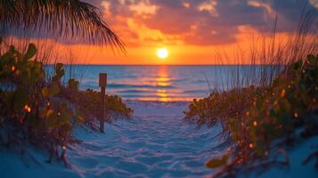 A path leading to the beach at sunset photo