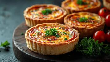 Small quiches with tomatoes and herbs on a wooden board photo