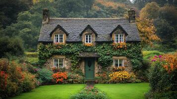 A small house with a garden and flowers photo