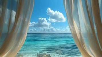 A view of the ocean through curtains photo
