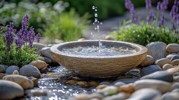 A water fountain in a garden with rocks and flowers photo