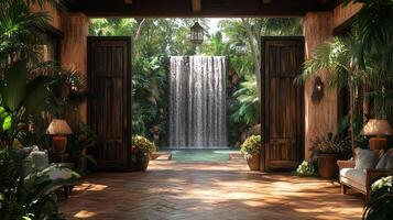 A tropical waterfall is seen in the middle of a tropical garden photo
